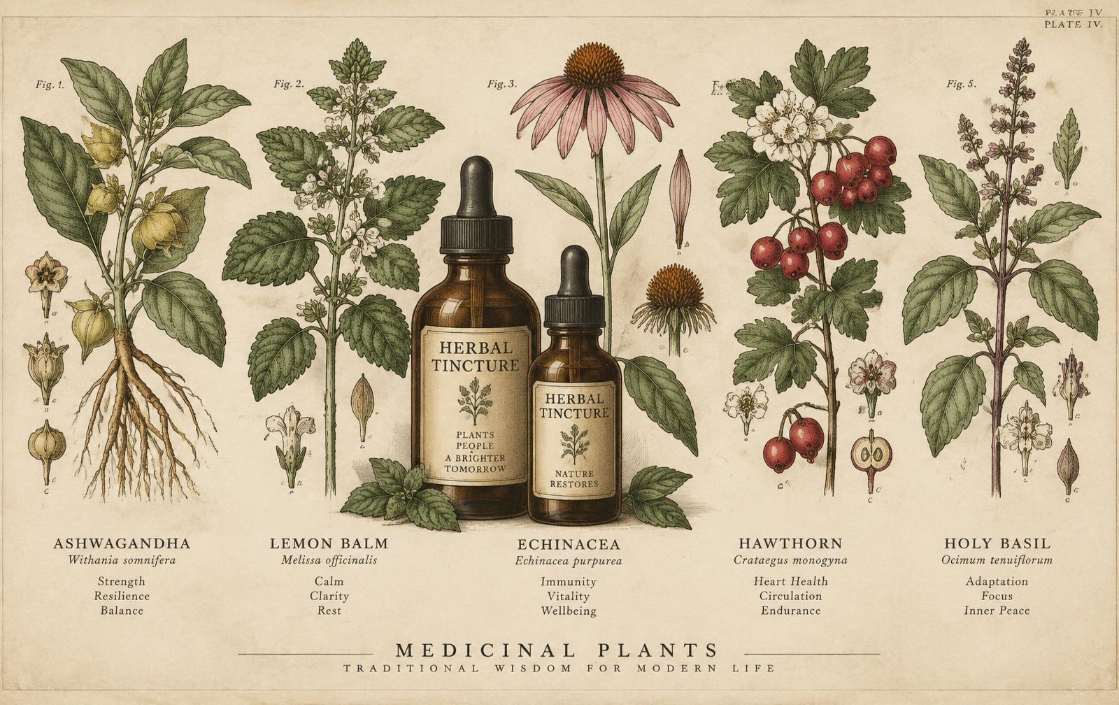 Engraved botanical plate of ashwagandha, lemon balm, echinacea, hawthorn and holy basil with amber tincture bottles